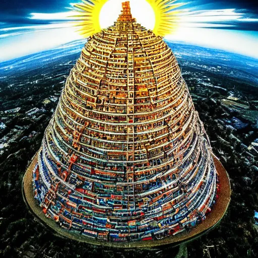 Prompt: The tower of babel made of people standing on top of each other, at the top of the tower there’s a hand that’s reaching for the sun. Wide angle lens, we can see the earth in the frame.