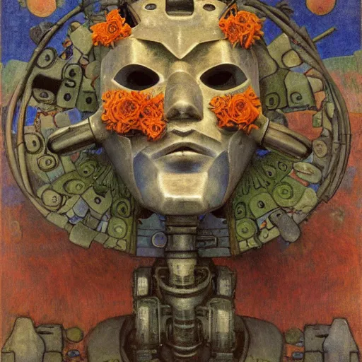 Prompt: a robot wearing a mask made of flowers, by annie swynnerton and diego rivera and nicholas roerich and jean delville, symbolist, dramatic lighting, elaborate geometric ornament, art brut, soft cool colors, smooth, sharp focus, extremely detailed, adolf wolfli and donato giancola