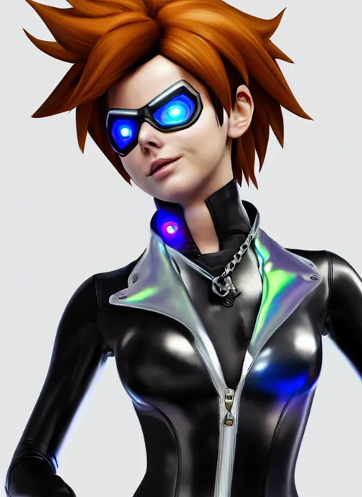 Image similar to portrait bust digital artwork of tracer overwatch, wearing white iridescent rainbow latex and leather straps catsuit outfit, 4 k, expressive happy smug expression, makeup, in style of mark arian, angel wings, wearing detailed black leather collar, chains, black leather harness, detailed face and eyes,