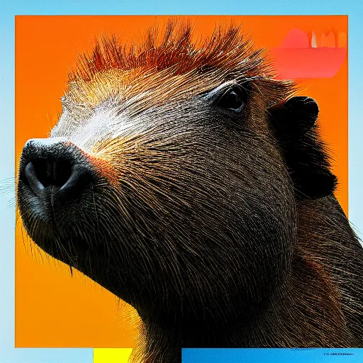 Image similar to an album cover featuring a capybara in the style of Daft Punk