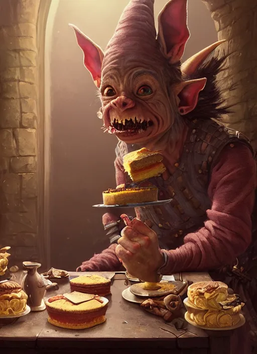 Image similar to highly detailed portrait of a medieval goblin eating cakes in a castle, stephen bliss, unreal engine, greg rutkowski, loish, rhads, beeple, makoto shinkai and lois van baarle, ilya kuvshinov, rossdraws, tom bagshaw, tom whalen, alphonse mucha, global illumination, god rays, detailed and intricate environment