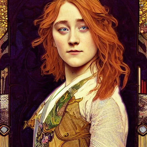 Prompt: saoirse ronan portrait by louis - theophile hingre and alphonse mucha, realistic, sharp focus, zodiac signs, tarot cards, planets, ethereal, art nouveau, magic, moon, sun, crown, dreamy, royal, jewellery