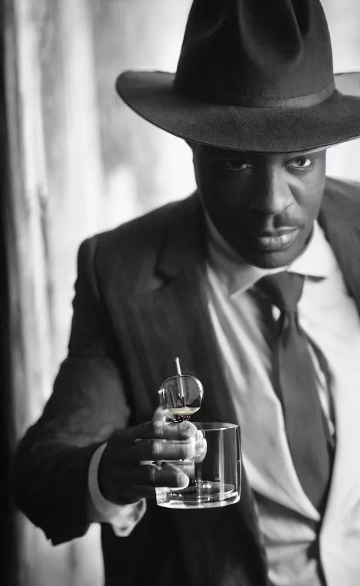 Prompt: a clean shaven black detective wearing a gray fedora, trench coat and suit, holding a shot glass of whiskey, leaning on a dark wood bar near a window, dramatic lighting.