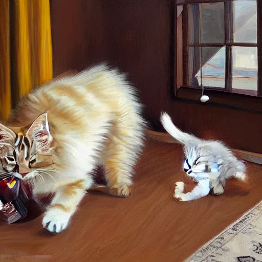 Image similar to cream color maine coon cat chasing a cat-toy-ball in a sunlit bedroom, hardwood floors with a colorful tattered old throw rug, bay window sofa in the background, fun, energetic, amusing, cute, funny, in style of Steve Henderson and Robert Hagan, trending on art station