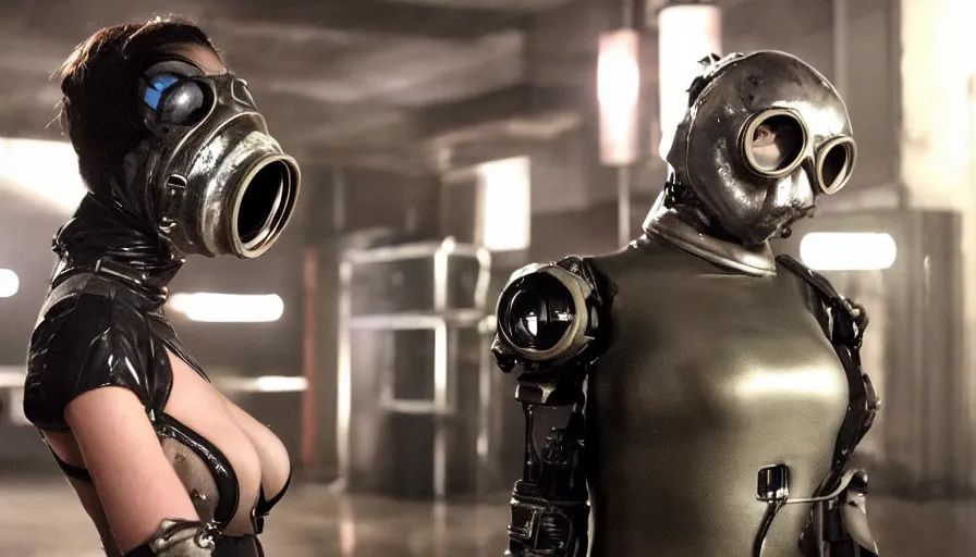 Image similar to big budget tv show where a female cyborg in a gas mask and rubber suit rips off an alien's head