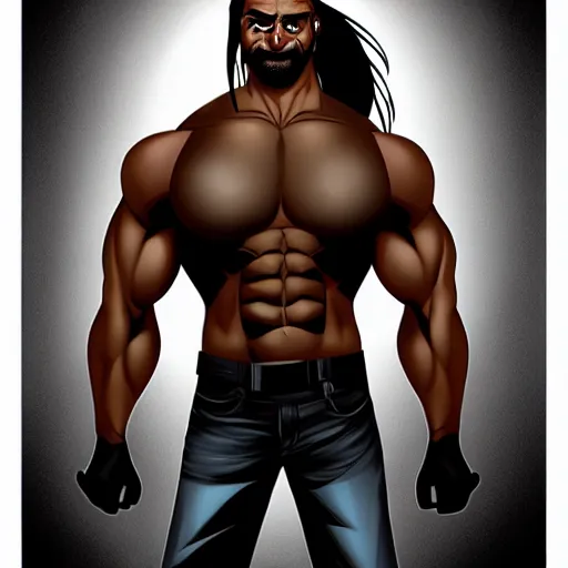 Image similar to muscular man with a ponytail wearing a vest, black vest open with no shirt underneath, cargo pants, ammo belt, holding a blaster, long black hair in a ponytail, five o' clock shadow, comic book art, realistic art, chiseled jaw, gritty