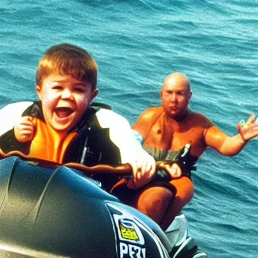 Image similar to photo of chunk from “the goonies” riding a jetski and giving “sign of the horns” 8k