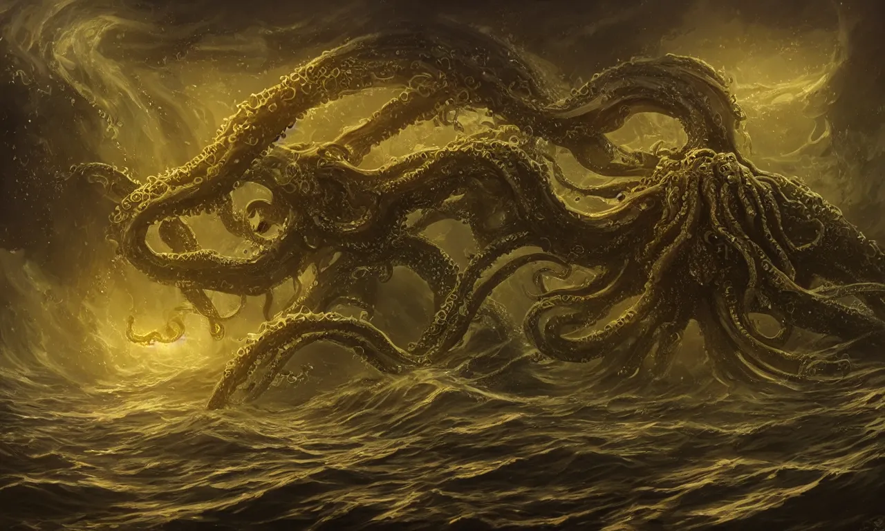 Image similar to Mysterious monster Cthulhu in the sea, huge tentacles sticking out of the water, oil on canvas, cold colors, perfect composition, golden ratio, beautiful detailed, photorealistic, digital painting, artstation, concept art, smooth, sharp focus, illustration, cyberpunk background, artstation trending, octane render, unreal engine
