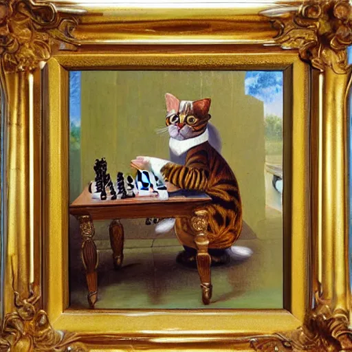 Image similar to cat playing chess looking wise, rococo oil painting