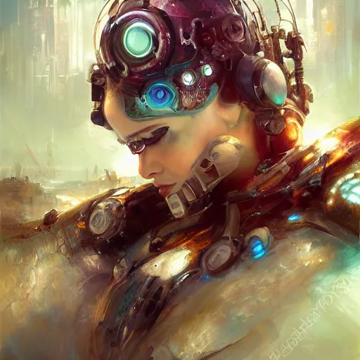 Prompt: stunning portrait of unborn baby argonaut Orpheus charming Mediterranean sea creatures, painting by Raymond Swanland, cyberpunk, sci-fi cybernetic implants hq