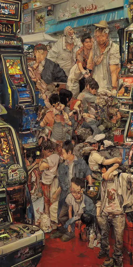 Image similar to oil painting scene from amusement arcade by kim jung gi