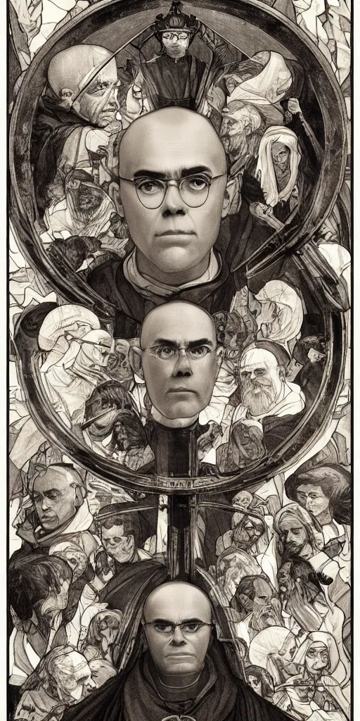 Image similar to portrait saint maximilian kolbe info graphic in the art style of leonardo da vinci pencil, ultra detailed illustration art by artgerm and greg rutkowski and alphonse mucha and junji ito, 8 k