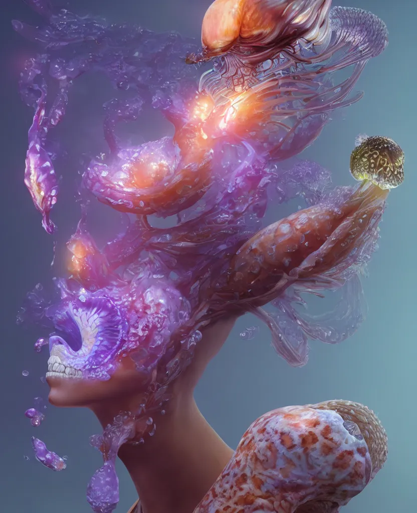 Image similar to 3 d head shot portrait of the face of a beautiful princess, giant orchid flower, depth of field, high contrast and sharpness, jellyfish face skull phoenix bird, translucent, nautilus, smoke and water energy flow. highly detailed, epic. octane render, excellent composition, by wlop, tooth wu, greg rutkowski, beeple
