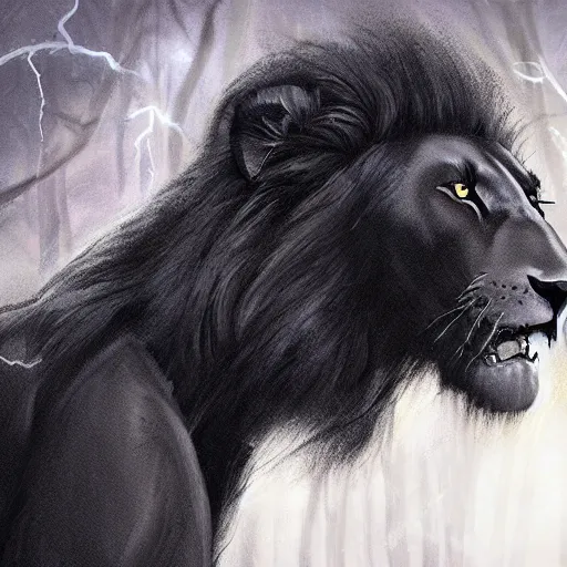 Prompt: portrait of a black lion with gold lightnings in the fur in the middle of the forest , concept art, huge scale, photorealistic, high details by Nick Nichols