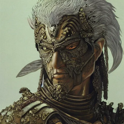 Prompt: old warrior sage, fantasy character, soft light, white background, intricate detail, intricate oil painting detail, sharp high detail, manga and anime 2000, Katsuhiro Otomo