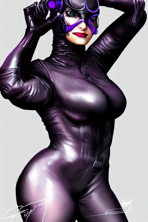 Image similar to portrait of a cyberpunk catwoman with biomechanichal parts by Artgerm, hyper detailled, trending on artstation