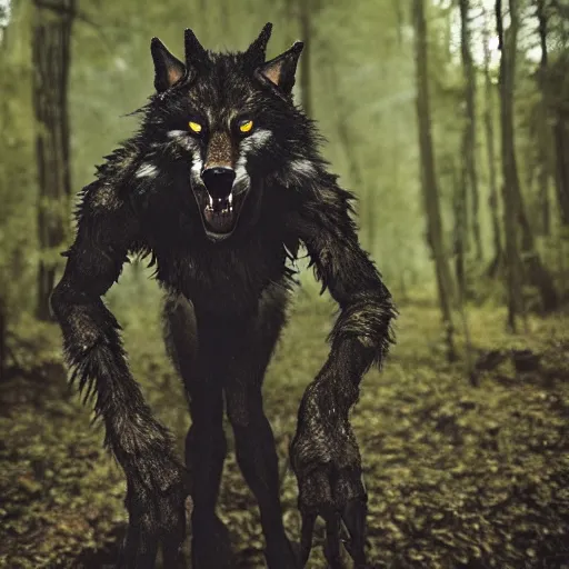 Image similar to werecreature consisting of a human and wolf, photograph captured in a forest