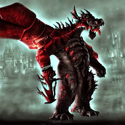 Image similar to concept art of bowser with huge horns and scales and talons, resident evil, horror, occult, terror, mist, volumetric render, digital painting, detailed painting
