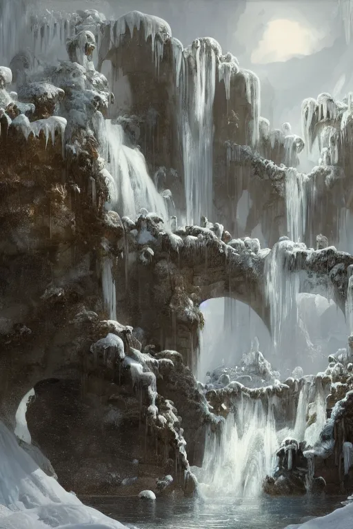 Prompt: a palace made of crystal stone with arches and bridge on top of a waterfall in the snow, blizzard, a small stream runs beneath the waterfall, landscape, raphael lacoste, eddie mendoza, alex ross, concept art, matte painting, highly detailed, rule of thirds, dynamic lighting, cinematic, detailed, denoised, centerd