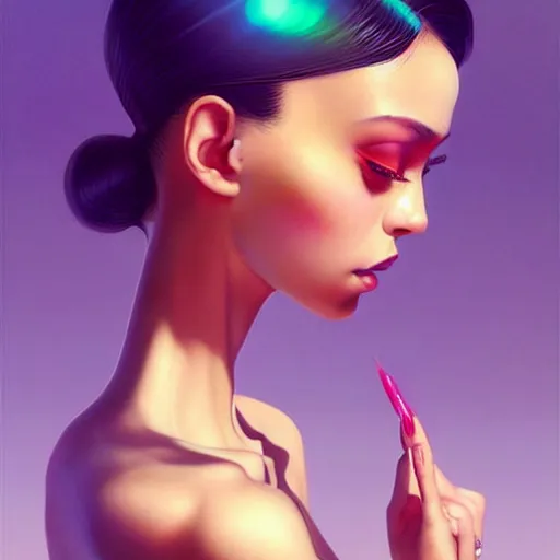 Prompt: a beautiful skinny latina wearing fashionable dress with head tilted back, focus close on eyes realistic skin texture, eighties holographic art by ilya kuvshinov lois van baarle ross tran range murata artgerm katsuhiro otomo norman rockwell, highly detailed intricately sharp focus, bedroom eyes trending on pinterest vogue italia unreal engine 5, 4 k uhd image