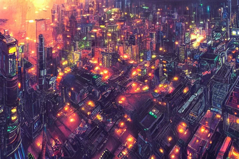 Prompt: sci - fi bangkok cityscape. wide angle night photo. helicopter view. exaggerated detail. volumetric lighting. painting by masamune shirow.