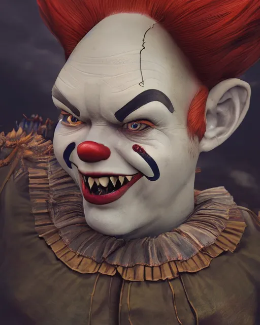 Prompt: an epic fantasy comic book style portrait painting from pennywise, character design by mark ryden and pixar and hayao miyazaki, unreal 5, daz, hyperrealistic, octane render, cosplay, rpg portrait, dynamic lighting, intricate detail, summer vibrancy, cinematic