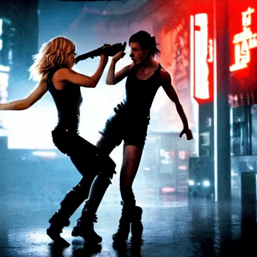 Image similar to julianne hough and jennifer connely fighting by ridley scott, secret agents, wearing black shorts, wearing black boots, wearing a cropped tops, blade runner, highly detailed, action movie poster, intense, cyberpunk, hq