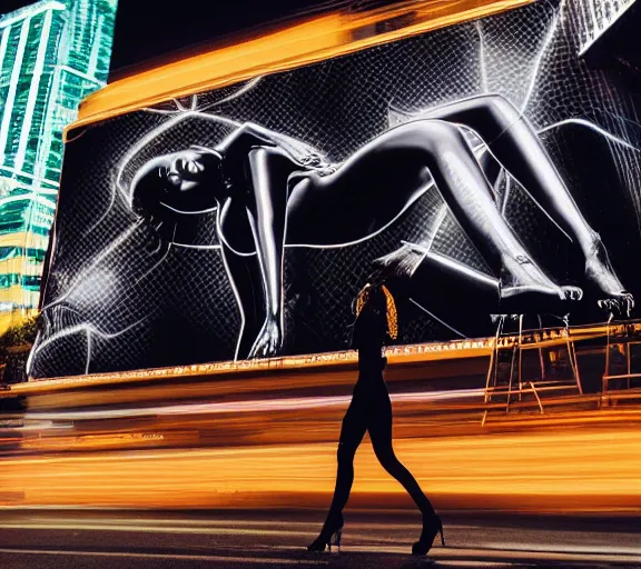 Image similar to night time photo of billboard advertisement of extremely beautiful female black marble statue in the style of virgil abloh, colorful motocross logos behind her, sharp focus, clear, detailed,, cinematic, detailed, off white, glamourous, symmetrical, vogue, editorial, fashion, magazine shoot, glossy