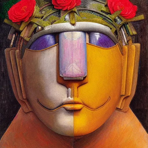 Prompt: masterpiece painting of the head of the robot flower king, by annie swynnerton and diego rivera and jean delville and tino rodriguez, flower mask, symbolist, dramatic lighting, god rays, elaborate geometric ornament, art brut, soft cool colors, smooth, sharp focus, extremely detailed, adolf wolfli