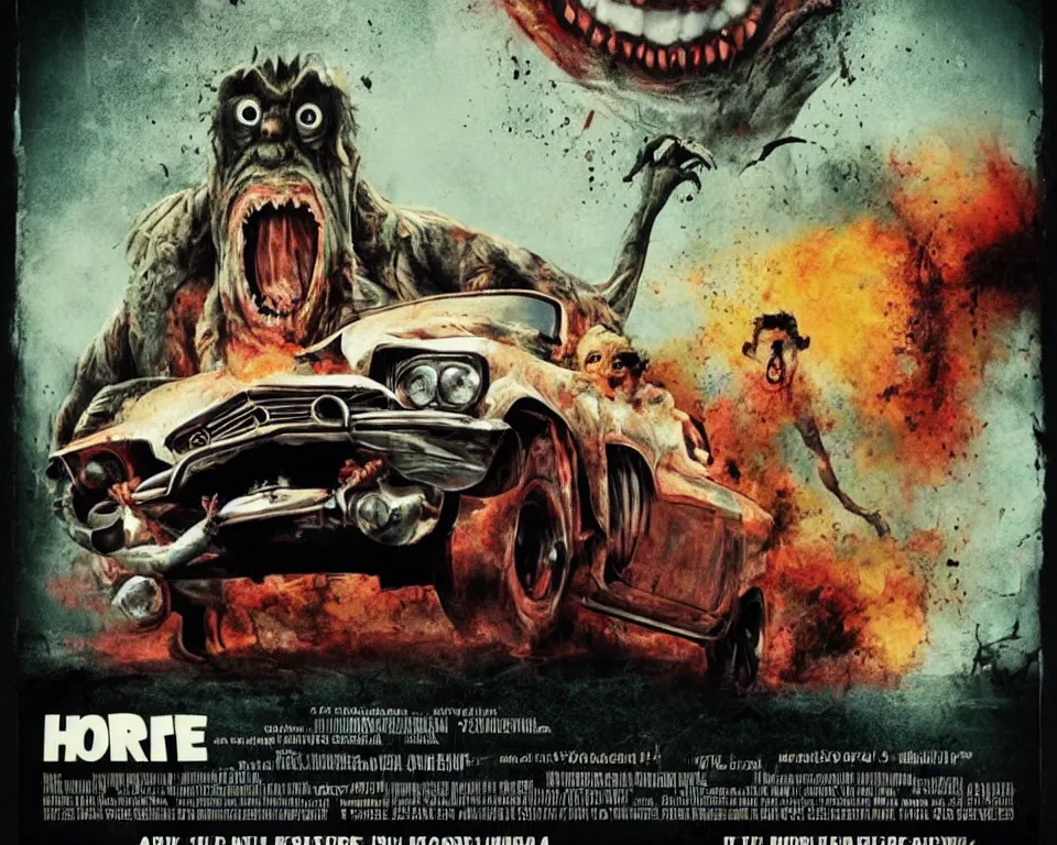 Image similar to a horror movie poster featuring a car monster