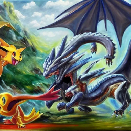 Image similar to pokemon fight a dragon. oil painting. large scale. highly detailed.