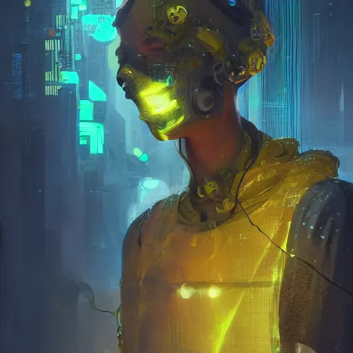 Prompt: a sage meditates under a waterfall pieces with glowing yelow visor as a realistic scifi cyberpunk, torso, art by james jean and greg rutkowski!!, realistic face, like anime, digital art, concept art, golden ratio, perfect composition, trending on artstation, 8 k