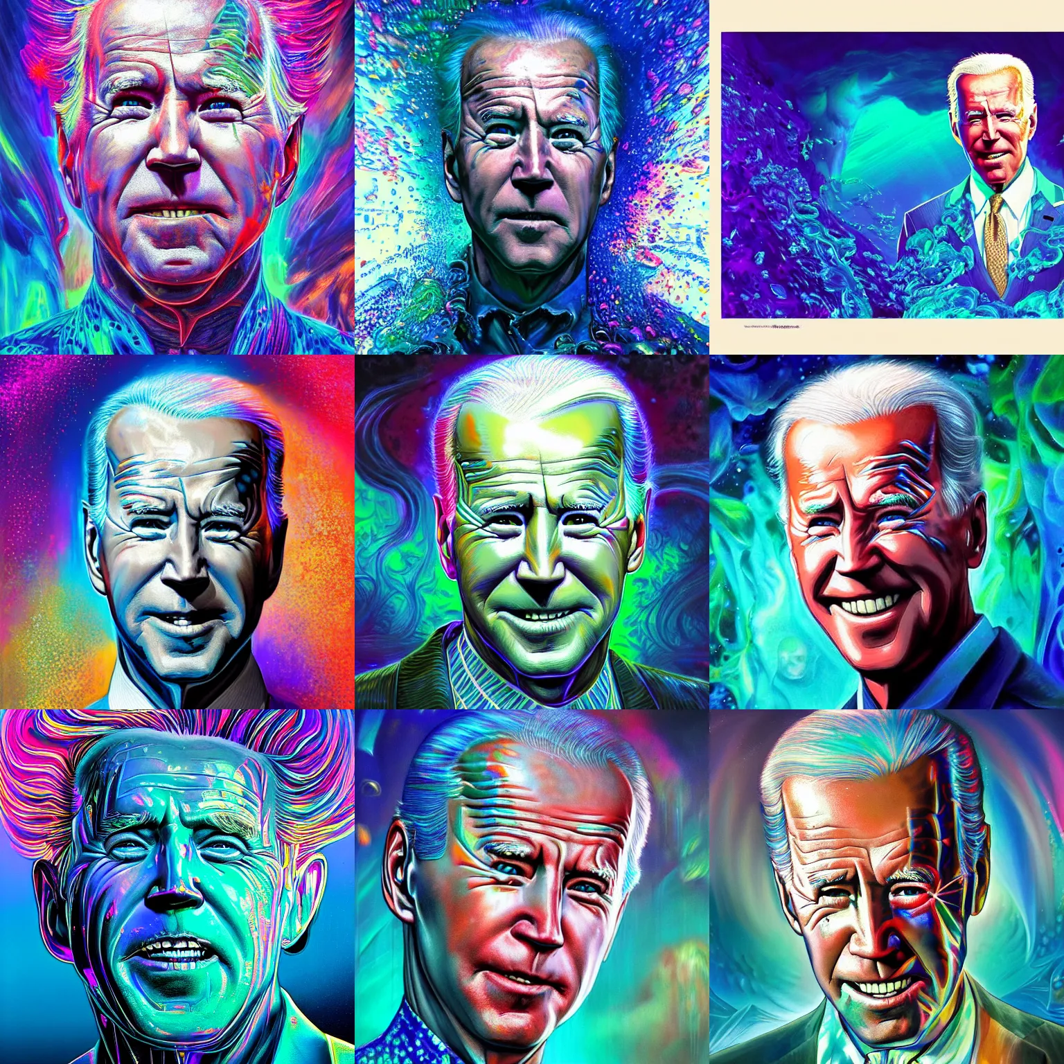 Prompt: ultra detailed illustration of Joe Biden covered in a sea of iridescent liquid by nekro, Karol Bak, colorful, vivid colors, 8k, coherent, anime vibes, uplifting, magical composition, artstation, synthwave, 8k, coherent, artgerm, uplifting, unreal engine, magical composition, artstation