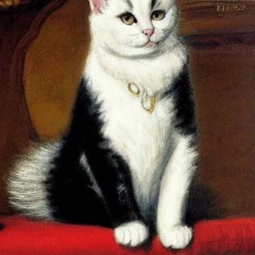 Image similar to elegant painting of a gorgeous regal black and white cat holding up one paw, in a castle, in the style of eugene de blaas