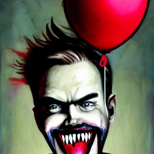 Prompt: grunge painting of pewdiepie with a wide smile and a red balloon by chris leib, loony toons style, pennywise style, corpse bride style, horror theme, detailed, elegant, intricate