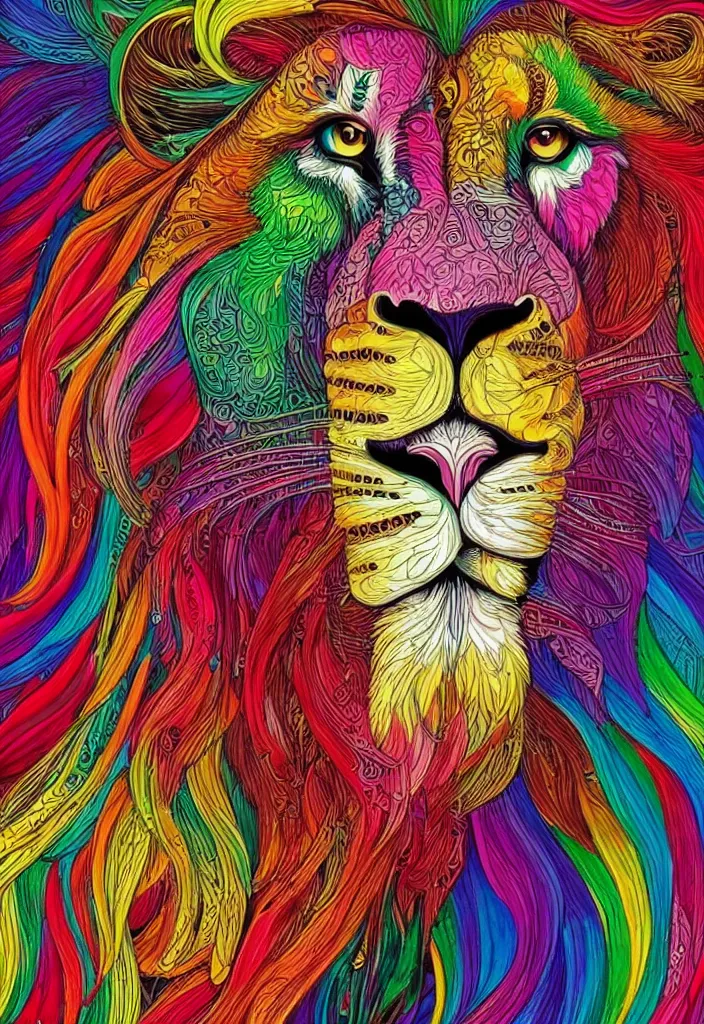 Prompt: colourful asian lion in the style of android jones, 1 6 k, ultra detailed, ultra intricate, artstation