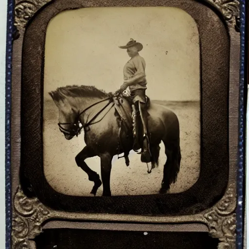 Image similar to tintype photo, bottom of the ocean, cowboy riding unicorn