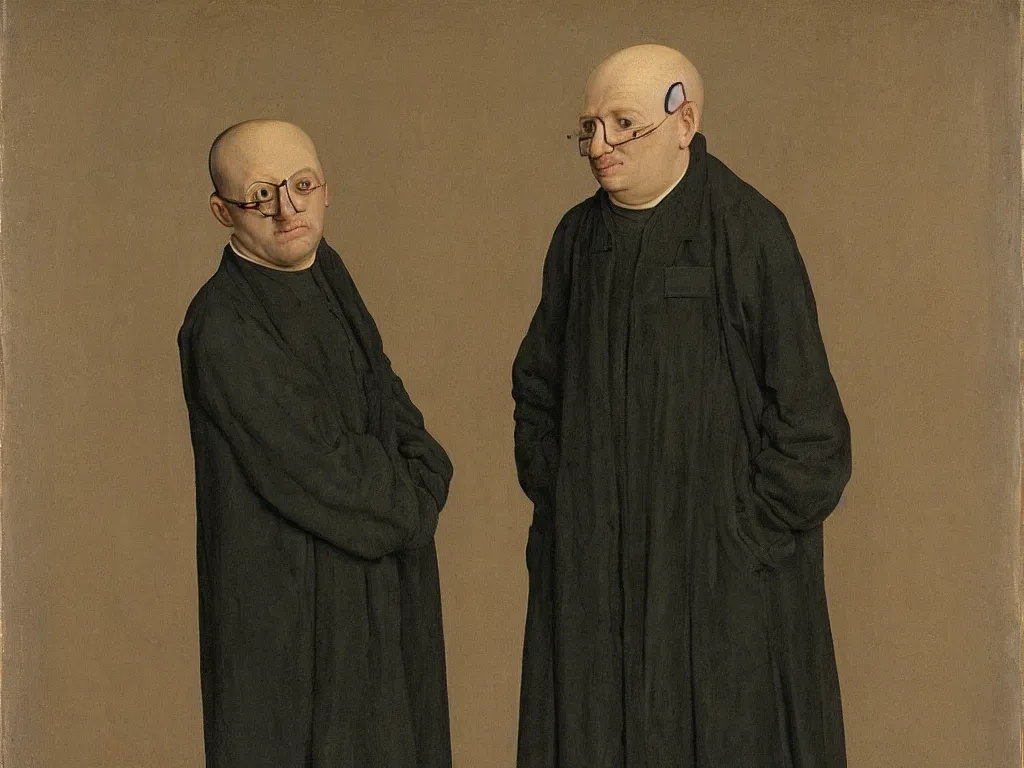 Prompt: portrait of a middle aged blind man. 21 th century clothes. Painting by Jan van Eyck, August Sander.