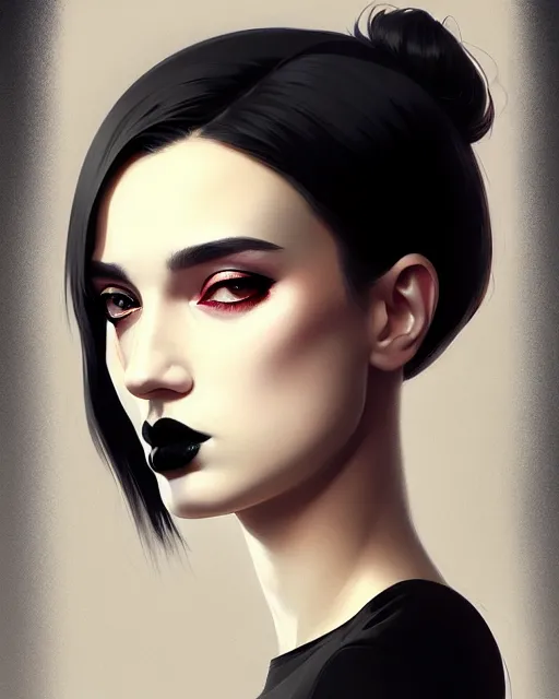 Image similar to stylized portrait by aykutmakut of an artistic pose, composition, young cute serious fancy lady with black paint in her face, cinematic moody colors, realistic shaded, fine details, realistic shaded lighting poster by ilya kuvshinov, magali villeneuve, artgerm, jeremy lipkin and michael garmash and rob rey