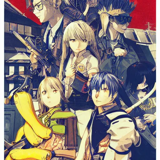 Image similar to The Banana Blue Gang, anime poster printed, Artwork by Akihiko Yoshida, cinematic composition