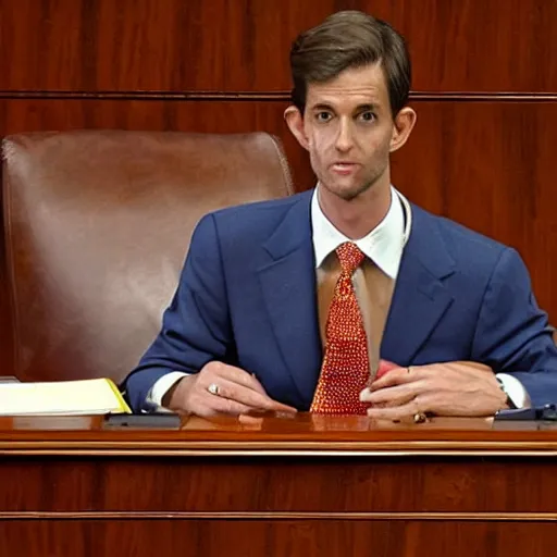 Prompt: a giraffe with a tie and pants on the spanish congressional stage