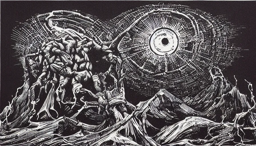 Image similar to linocut print of the apocalypse, mind map, dante, beksinski, ink, detailed, clean lines