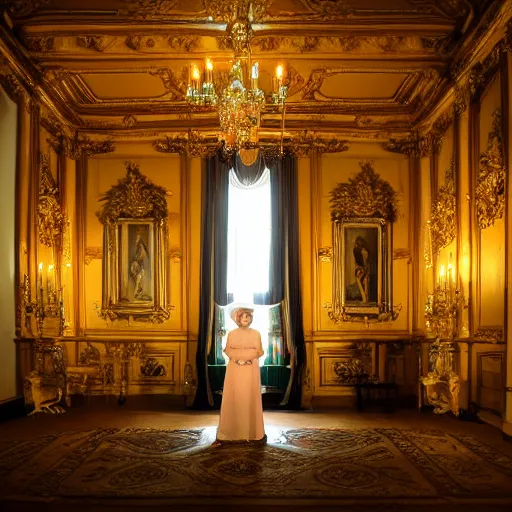 Prompt: single portrait of the queen in the main room of the castle, one point of light coming through the top. baroque style, lights refraction