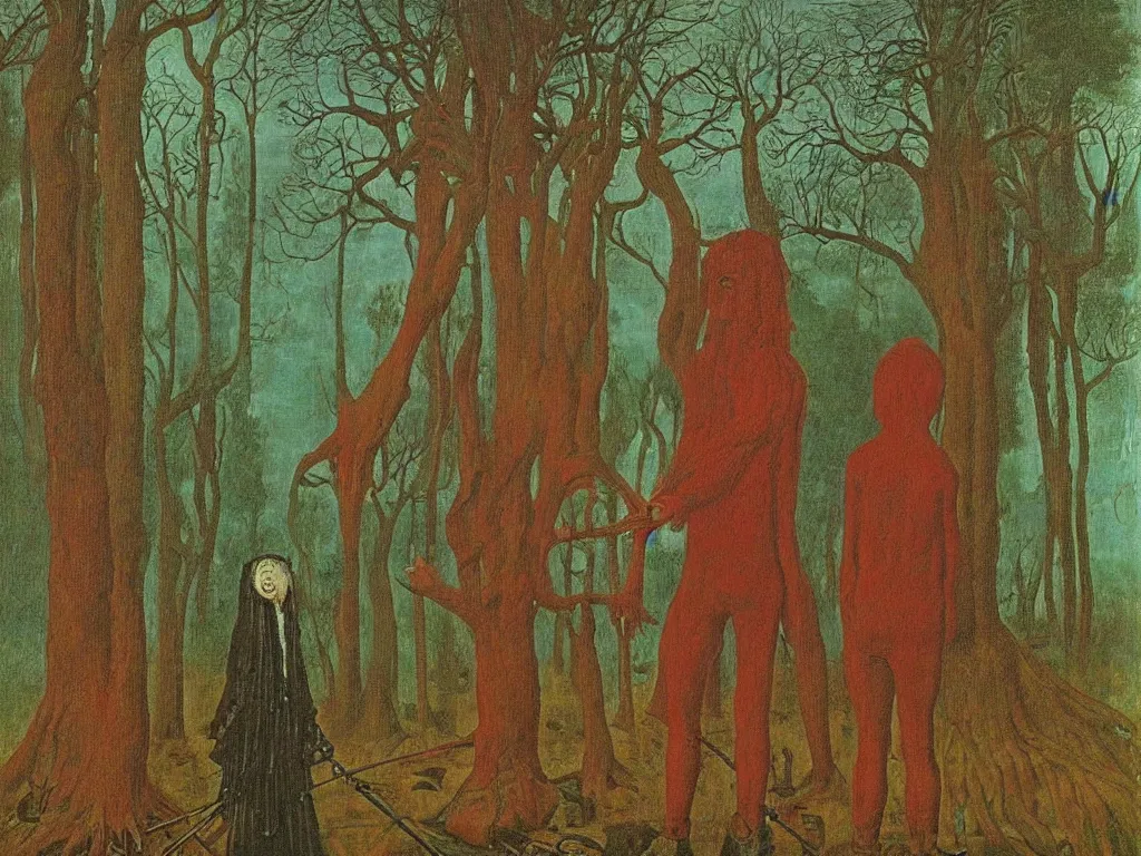 Image similar to Portrait of melancholic non gendered person coming from the future in spiked cloth. Background with the giant totemic forest. Sleepless night. Painting by Jan van Eyck, Rene Magritte, Jean Delville, Max Ernst, Maria Sybilla Merian