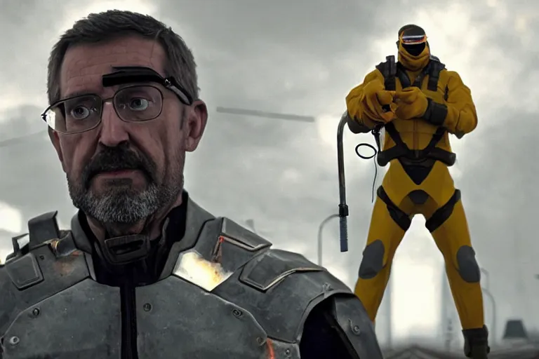 Image similar to vfx movie closeup real life gordon freeman holding wearing futuristic armor, half life logo on chest, crowbar in russian train yard by emmanuel lubezki