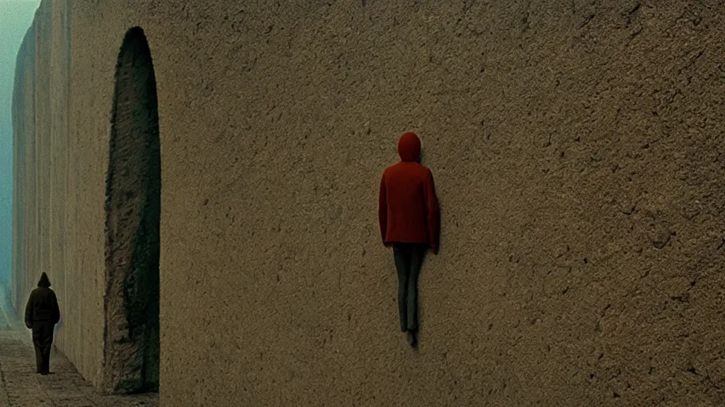 Image similar to a strange creature that walks on the wall, film still from the movie directed by Wes Anderson with art direction by Zdzisław Beksiński, wide lens