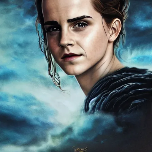 Image similar to realistic emma watson emperor of the known universe, perfect dramatic and dark portrait by rabbitary b, trending on artstation, deviantart, dune, low angle oil painting and composition laws, dark foggy background, timothee chalamet but he is older, man with thin lines on the face, medium - long curly brown hair, completely blue eyes, denis villeneuve cinematography