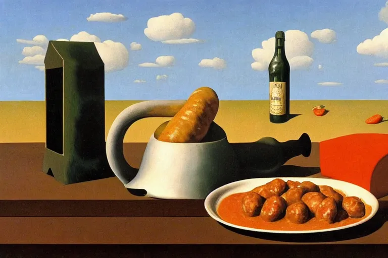 Prompt: sausage and goulash, by magritte and de chirico, surreal oil painting, hyper detailed, masterpiece 4 k