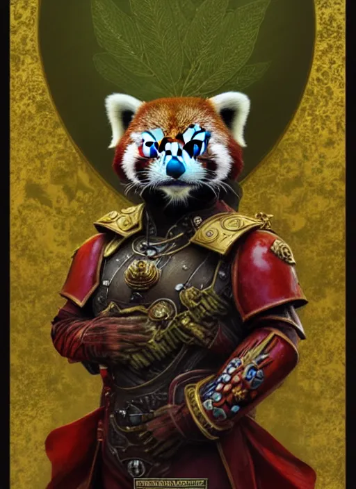 Prompt: red panda as warhammer 4 0 k emperor, gold, green leaf, trees, portrait, intricate, elegant, highly detailed, digital painting, artstation, concept art, wallpaper, smooth, sharp focus, illustration, art by h. r. giger and artgerm and greg rutkowski and alphonse mucha