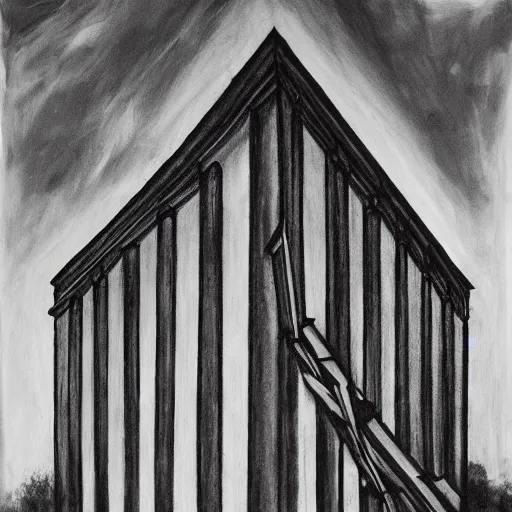 Prompt: monochrome painting of a building collapsing